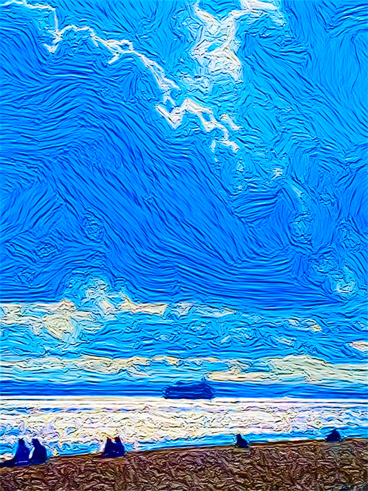Abstract painting of a beach scene with wavy blue sky and white clouds.
