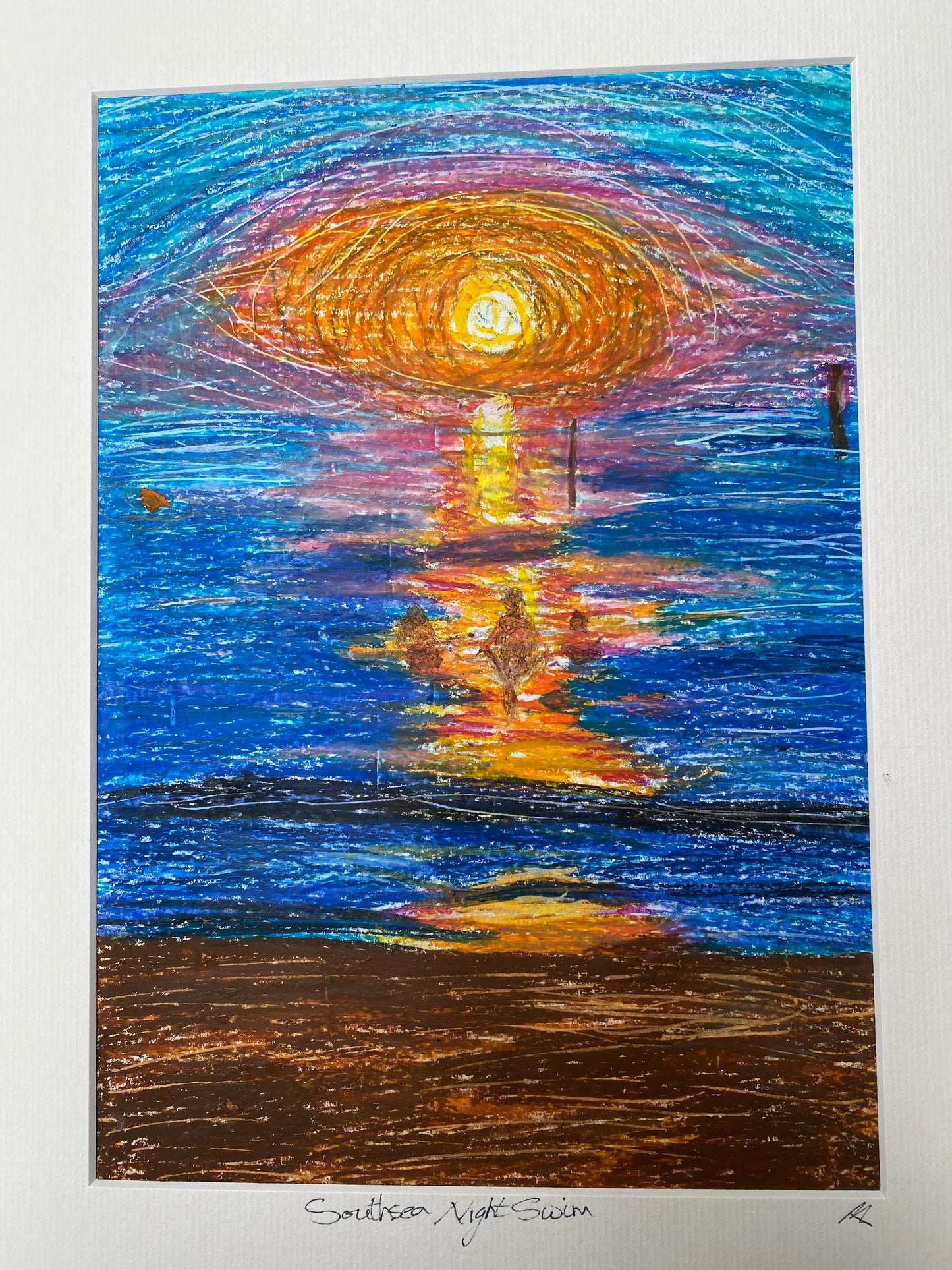 Southsea Night Swim..Oil Crayon